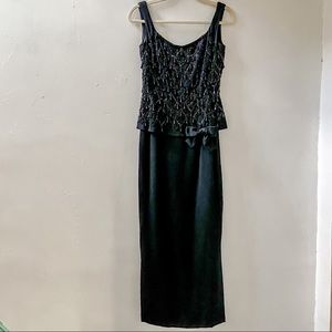 Vintage Black Beaded Floor-Length Gown with Bow